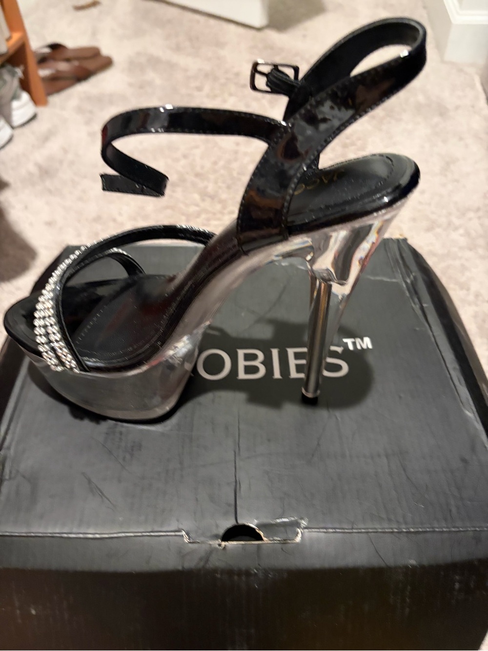 Fashion Nova Black Patent Platform Stiletto Sandals with Rhinestones
